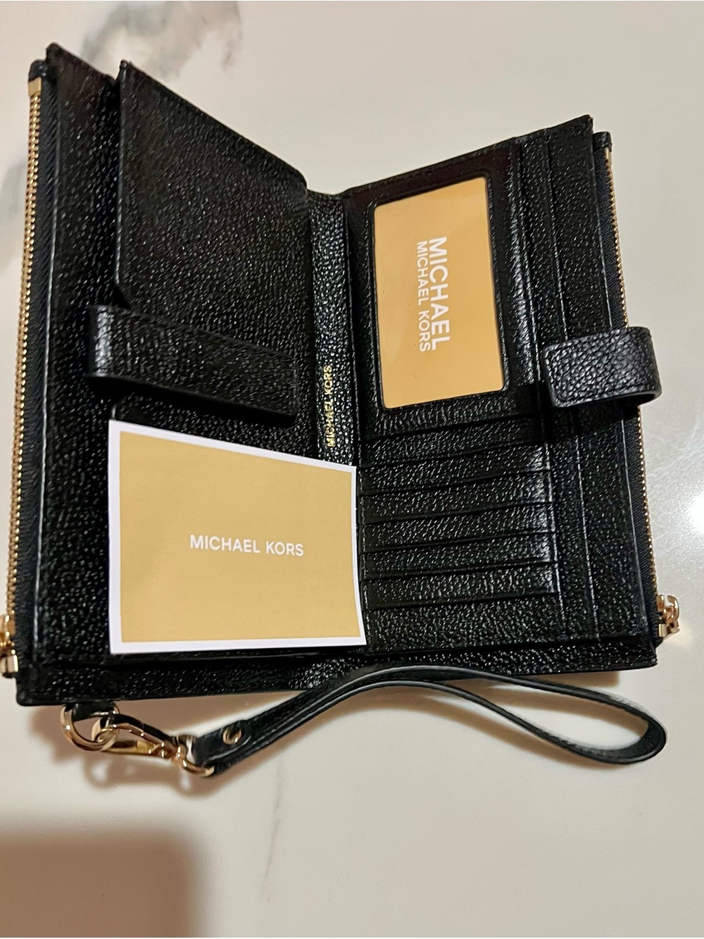Michael Kors Black Pebbled Leather Wristlet with Gold Hardware